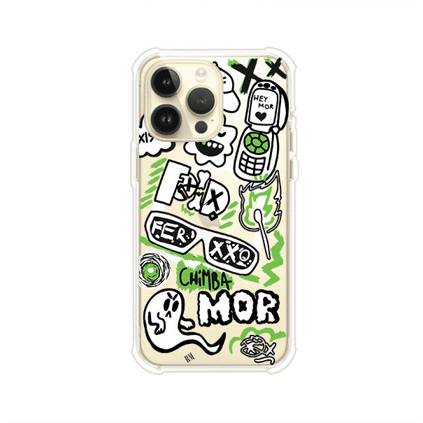 Funda para iPhone con diseño inspirado en FERXXO. Incluye stickers con frases como “CHIMBA MOR”, íconos urbanos y colores verde neón y negro. Estilo reggaetonero y atrevido, ideal para fans de Feid. Producto de Remark Mx