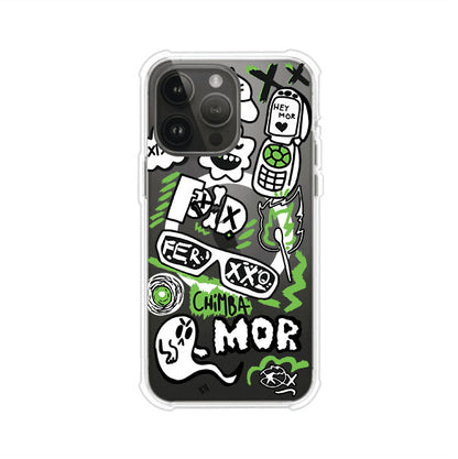 Funda para iPhone con diseño inspirado en FERXXO. Incluye stickers con frases como “CHIMBA MOR”, íconos urbanos y colores verde neón y negro. Estilo reggaetonero y atrevido, ideal para fans de Feid. Producto de Remark Mx