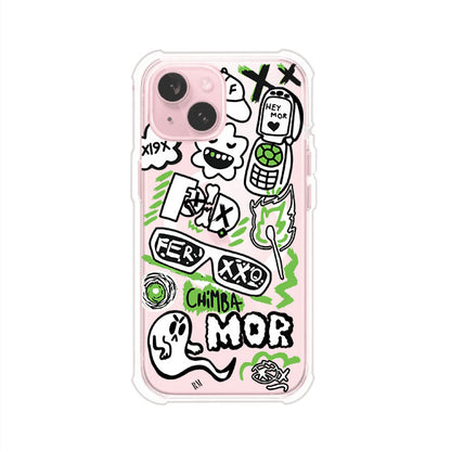 Funda para iPhone con diseño inspirado en FERXXO. Incluye stickers con frases como “CHIMBA MOR”, íconos urbanos y colores verde neón y negro. Estilo reggaetonero y atrevido, ideal para fans de Feid. Producto de Remark Mx