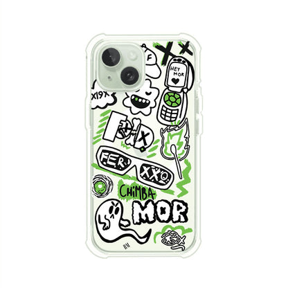 Funda para iPhone con diseño inspirado en FERXXO. Incluye stickers con frases como “CHIMBA MOR”, íconos urbanos y colores verde neón y negro. Estilo reggaetonero y atrevido, ideal para fans de Feid. Producto de Remark Mx