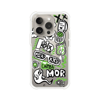 Funda para iPhone con diseño inspirado en FERXXO. Incluye stickers con frases como “CHIMBA MOR”, íconos urbanos y colores verde neón y negro. Estilo reggaetonero y atrevido, ideal para fans de Feid. Producto de Remark Mx