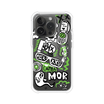 Funda para iPhone con diseño inspirado en FERXXO. Incluye stickers con frases como “CHIMBA MOR”, íconos urbanos y colores verde neón y negro. Estilo reggaetonero y atrevido, ideal para fans de Feid. Producto de Remark Mx