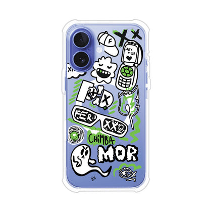 Funda para iPhone con diseño inspirado en FERXXO. Incluye stickers con frases como “CHIMBA MOR”, íconos urbanos y colores verde neón y negro. Estilo reggaetonero y atrevido, ideal para fans de Feid. Producto de Remark Mx