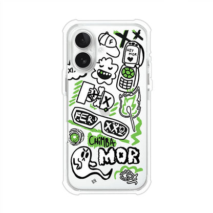 Funda para iPhone con diseño inspirado en FERXXO. Incluye stickers con frases como “CHIMBA MOR”, íconos urbanos y colores verde neón y negro. Estilo reggaetonero y atrevido, ideal para fans de Feid. Producto de Remark Mx