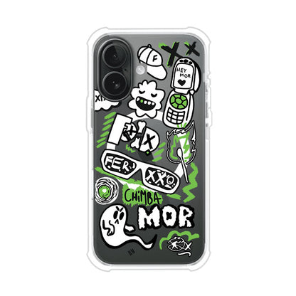 Funda para iPhone con diseño inspirado en FERXXO. Incluye stickers con frases como “CHIMBA MOR”, íconos urbanos y colores verde neón y negro. Estilo reggaetonero y atrevido, ideal para fans de Feid. Producto de Remark Mx