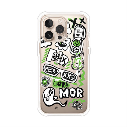 Funda para iPhone con diseño inspirado en FERXXO. Incluye stickers con frases como “CHIMBA MOR”, íconos urbanos y colores verde neón y negro. Estilo reggaetonero y atrevido, ideal para fans de Feid. Producto de Remark Mx