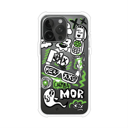 Funda para iPhone con diseño inspirado en FERXXO. Incluye stickers con frases como “CHIMBA MOR”, íconos urbanos y colores verde neón y negro. Estilo reggaetonero y atrevido, ideal para fans de Feid. Producto de Remark Mx