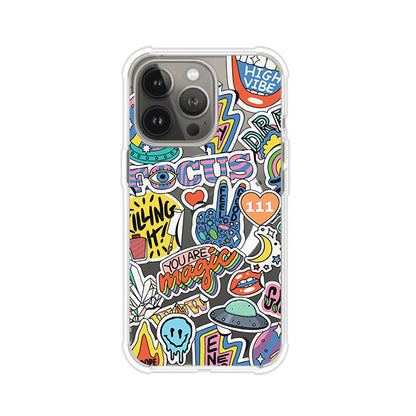 Funda para iPhone con diseño de stickers coloridos con frases motivacionales y energías positivas – Remark Mx