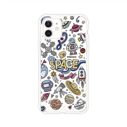 Funda para iPhone con diseño espacial, incluye ilustraciones de planetas, cohetes, astronautas y estrellas en estilo doodle divertido. Producto de Remark Mx