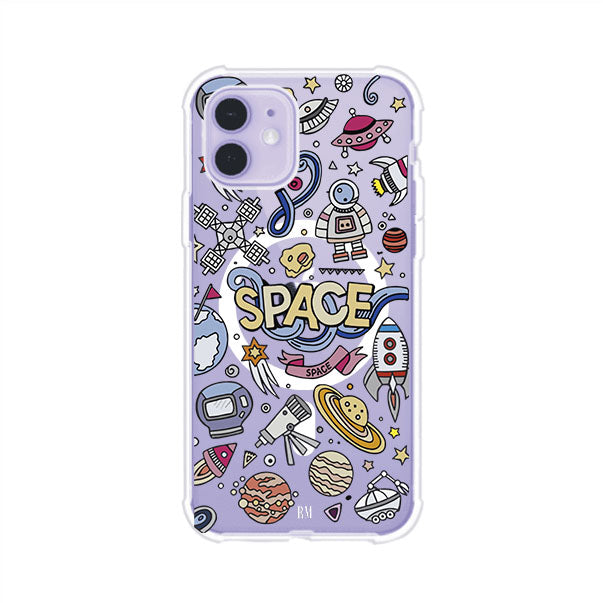 Funda para iPhone con diseño espacial, incluye ilustraciones de planetas, cohetes, astronautas y estrellas en estilo doodle divertido. Producto de Remark Mx