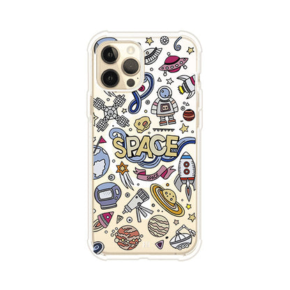 Funda para iPhone con diseño espacial, incluye ilustraciones de planetas, cohetes, astronautas y estrellas en estilo doodle divertido. Producto de Remark Mx
