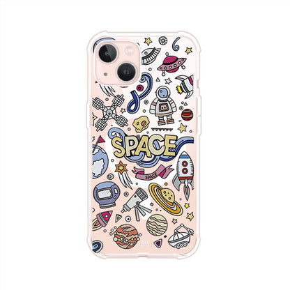 Funda para iPhone con diseño espacial, incluye ilustraciones de planetas, cohetes, astronautas y estrellas en estilo doodle divertido. Producto de Remark Mx