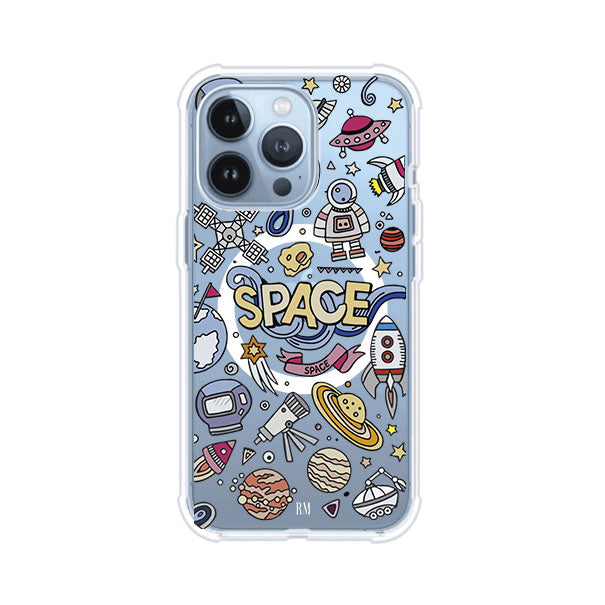 Funda para iPhone con diseño espacial, incluye ilustraciones de planetas, cohetes, astronautas y estrellas en estilo doodle divertido. Producto de Remark Mx