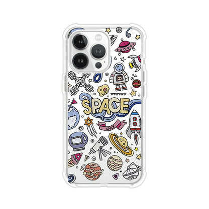Funda para iPhone con diseño espacial, incluye ilustraciones de planetas, cohetes, astronautas y estrellas en estilo doodle divertido. Producto de Remark Mx