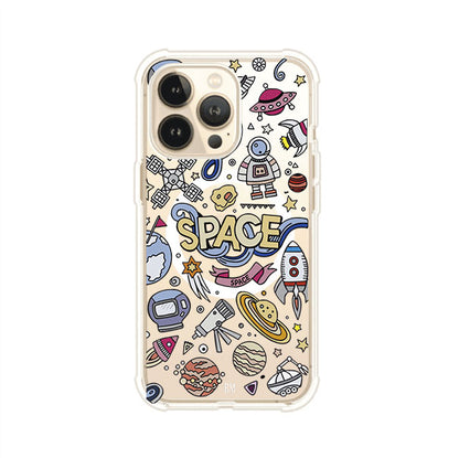 Funda para iPhone con diseño espacial, incluye ilustraciones de planetas, cohetes, astronautas y estrellas en estilo doodle divertido. Producto de Remark Mx