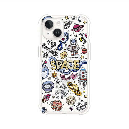 Funda para iPhone con diseño espacial, incluye ilustraciones de planetas, cohetes, astronautas y estrellas en estilo doodle divertido. Producto de Remark Mx