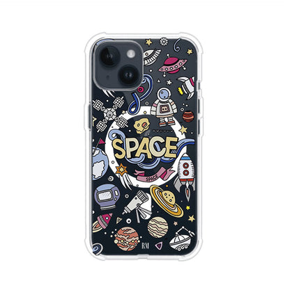 Funda para iPhone con diseño espacial, incluye ilustraciones de planetas, cohetes, astronautas y estrellas en estilo doodle divertido. Producto de Remark Mx
