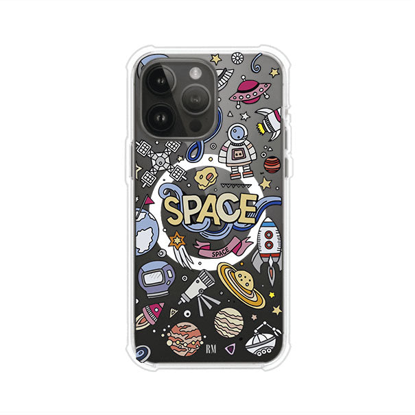 Funda para iPhone con diseño espacial, incluye ilustraciones de planetas, cohetes, astronautas y estrellas en estilo doodle divertido. Producto de Remark Mx