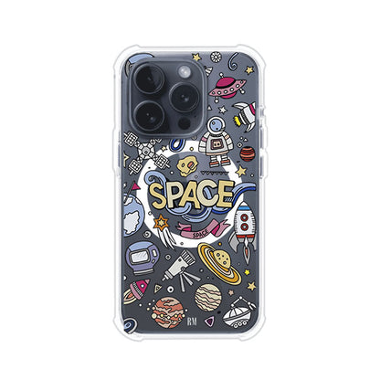 Funda para iPhone con diseño espacial, incluye ilustraciones de planetas, cohetes, astronautas y estrellas en estilo doodle divertido. Producto de Remark Mx