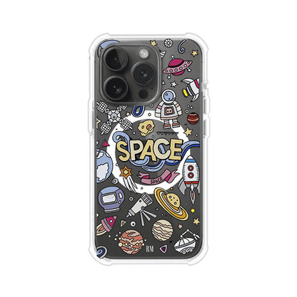 Funda para iPhone con diseño espacial, incluye ilustraciones de planetas, cohetes, astronautas y estrellas en estilo doodle divertido. Producto de Remark Mx