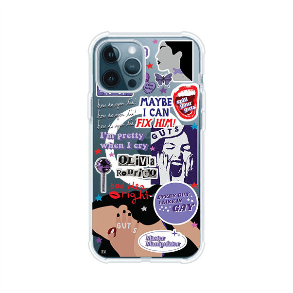 Funda transparente para iPhone con diseño tipo collage inspirado en el álbum GUTS de Olivia Rodrigo – Remark Mx