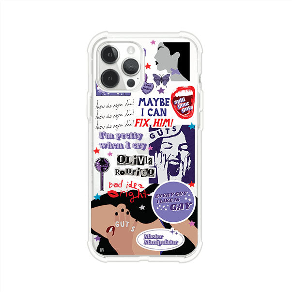 Funda transparente para iPhone con diseño tipo collage inspirado en el álbum GUTS de Olivia Rodrigo – Remark Mx