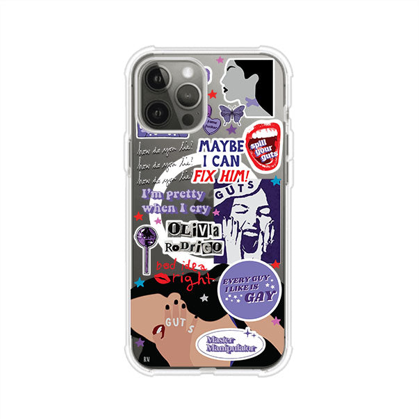 Funda transparente para iPhone con diseño tipo collage inspirado en el álbum GUTS de Olivia Rodrigo – Remark Mx