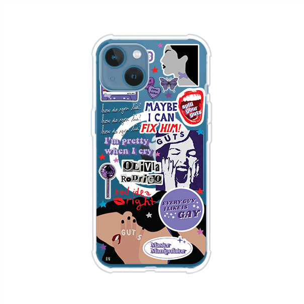 Funda transparente para iPhone con diseño tipo collage inspirado en el álbum GUTS de Olivia Rodrigo – Remark Mx