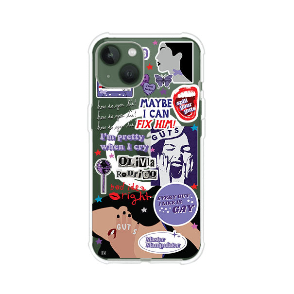 Funda transparente para iPhone con diseño tipo collage inspirado en el álbum GUTS de Olivia Rodrigo – Remark Mx
