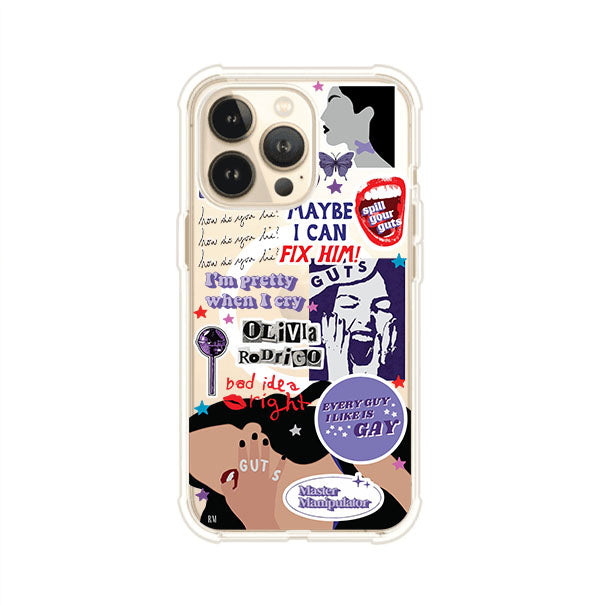 Funda transparente para iPhone con diseño tipo collage inspirado en el álbum GUTS de Olivia Rodrigo – Remark Mx