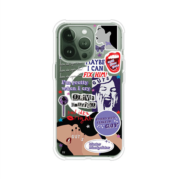 Funda transparente para iPhone con diseño tipo collage inspirado en el álbum GUTS de Olivia Rodrigo – Remark Mx