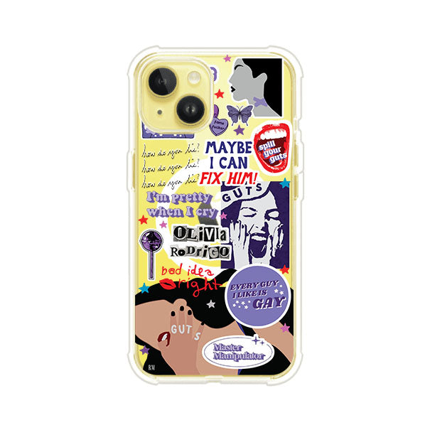 Funda transparente para iPhone con diseño tipo collage inspirado en el álbum GUTS de Olivia Rodrigo – Remark Mx