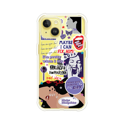 Funda transparente para iPhone con diseño tipo collage inspirado en el álbum GUTS de Olivia Rodrigo – Remark Mx