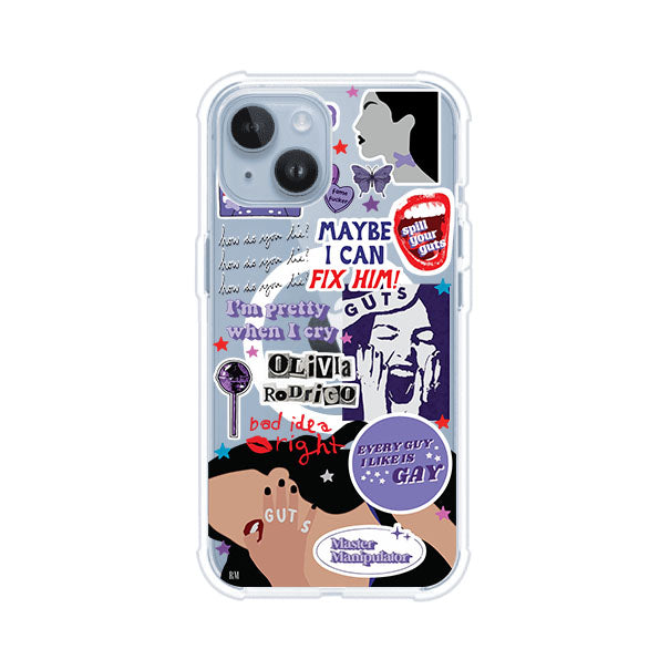 Funda transparente para iPhone con diseño tipo collage inspirado en el álbum GUTS de Olivia Rodrigo – Remark Mx