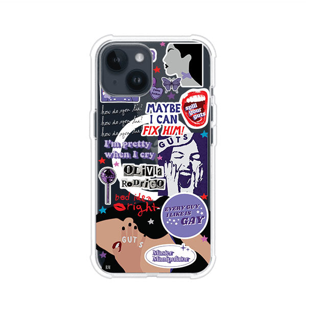 Funda transparente para iPhone con diseño tipo collage inspirado en el álbum GUTS de Olivia Rodrigo – Remark Mx