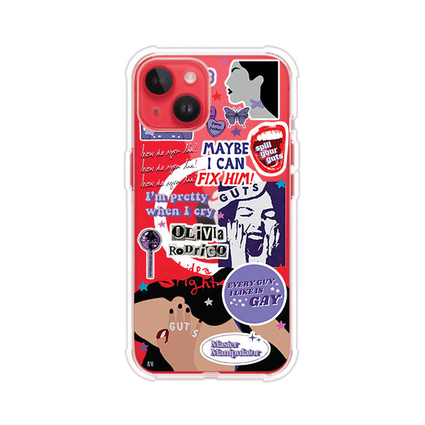 Funda transparente para iPhone con diseño tipo collage inspirado en el álbum GUTS de Olivia Rodrigo – Remark Mx