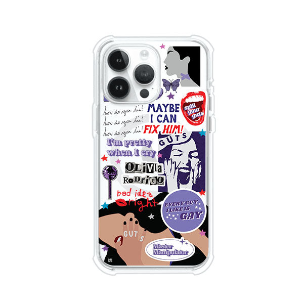 Funda transparente para iPhone con diseño tipo collage inspirado en el álbum GUTS de Olivia Rodrigo – Remark Mx