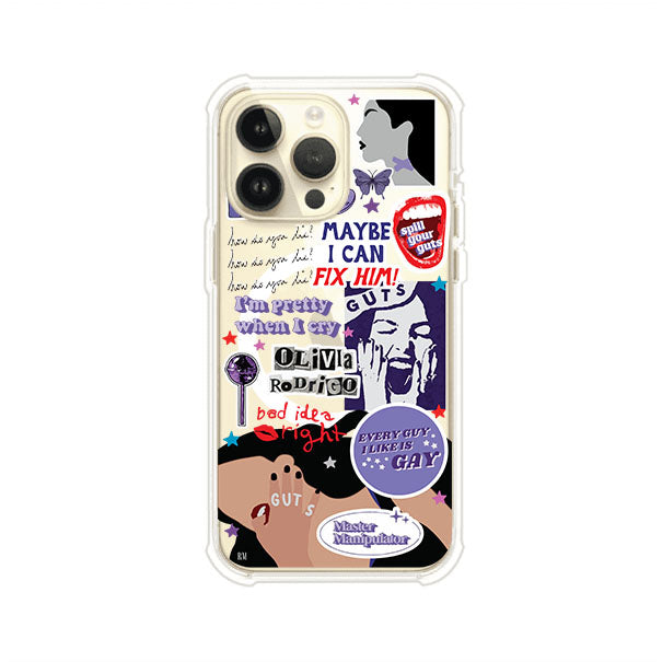 Funda transparente para iPhone con diseño tipo collage inspirado en el álbum GUTS de Olivia Rodrigo – Remark Mx
