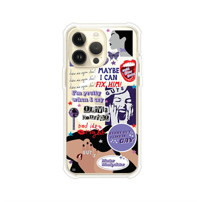 Funda transparente para iPhone con diseño tipo collage inspirado en el álbum GUTS de Olivia Rodrigo – Remark Mx