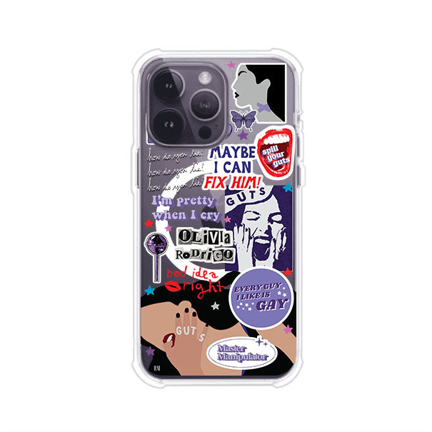 Funda transparente para iPhone con diseño tipo collage inspirado en el álbum GUTS de Olivia Rodrigo – Remark Mx