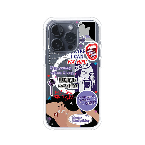 Funda transparente para iPhone con diseño tipo collage inspirado en el álbum GUTS de Olivia Rodrigo – Remark Mx