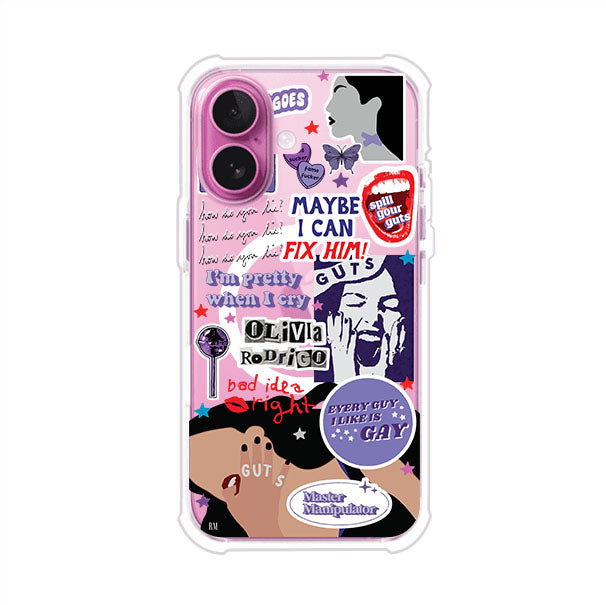 Funda transparente para iPhone con diseño tipo collage inspirado en el álbum GUTS de Olivia Rodrigo – Remark Mx
