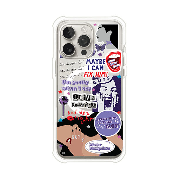 Funda transparente para iPhone con diseño tipo collage inspirado en el álbum GUTS de Olivia Rodrigo – Remark Mx