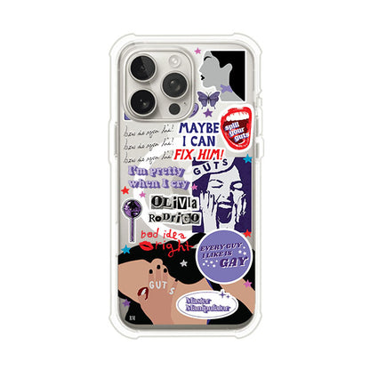 Funda transparente para iPhone con diseño tipo collage inspirado en el álbum GUTS de Olivia Rodrigo – Remark Mx