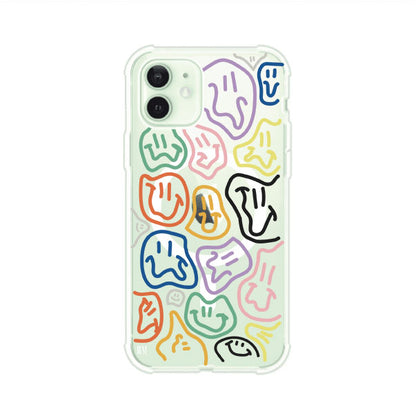 Funda para iPhone con diseño de caritas distorsionadas en colores neón sobre fondo negro. Estilo artístico, divertido y psicodélico. Diseño original de Remark MX