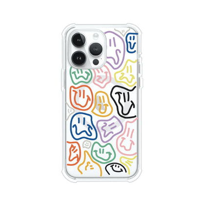 Funda para iPhone con diseño de caritas distorsionadas en colores neón sobre fondo negro. Estilo artístico, divertido y psicodélico. Diseño original de Remark MX