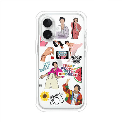 Funda para iPhone con diseño de stickers inspirados en Harry Styles. Incluye frases como "Treat People With Kindness", dibujos de outfits icónicos, girasoles, y elementos retro sobre base transparente. Ideal para fans. Producto de Remark Mx