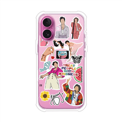 Funda para iPhone con diseño de stickers inspirados en Harry Styles. Incluye frases como "Treat People With Kindness", dibujos de outfits icónicos, girasoles, y elementos retro sobre base transparente. Ideal para fans. Producto de Remark Mx