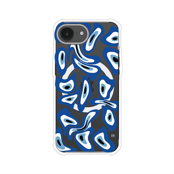 Funda para iPhone con diseño de ojos turcos en tonos azul y blanco, símbolo de protección.
iPhone case featuring Turkish evil eye pattern in blue and white, symbol of protection