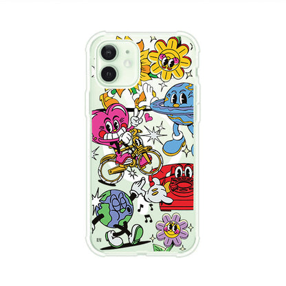 Funda personalizada para iPhone con ilustraciones coloridas de estilo pop art, creada por Nelson Art; diseño con flores, planetas, manos y personajes animados, producto de Remark MX